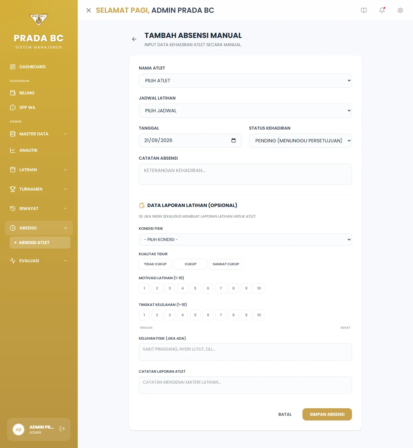 Formulir Tambah Absensi Manual, dengan bagian opsional Data Laporan Latihan.