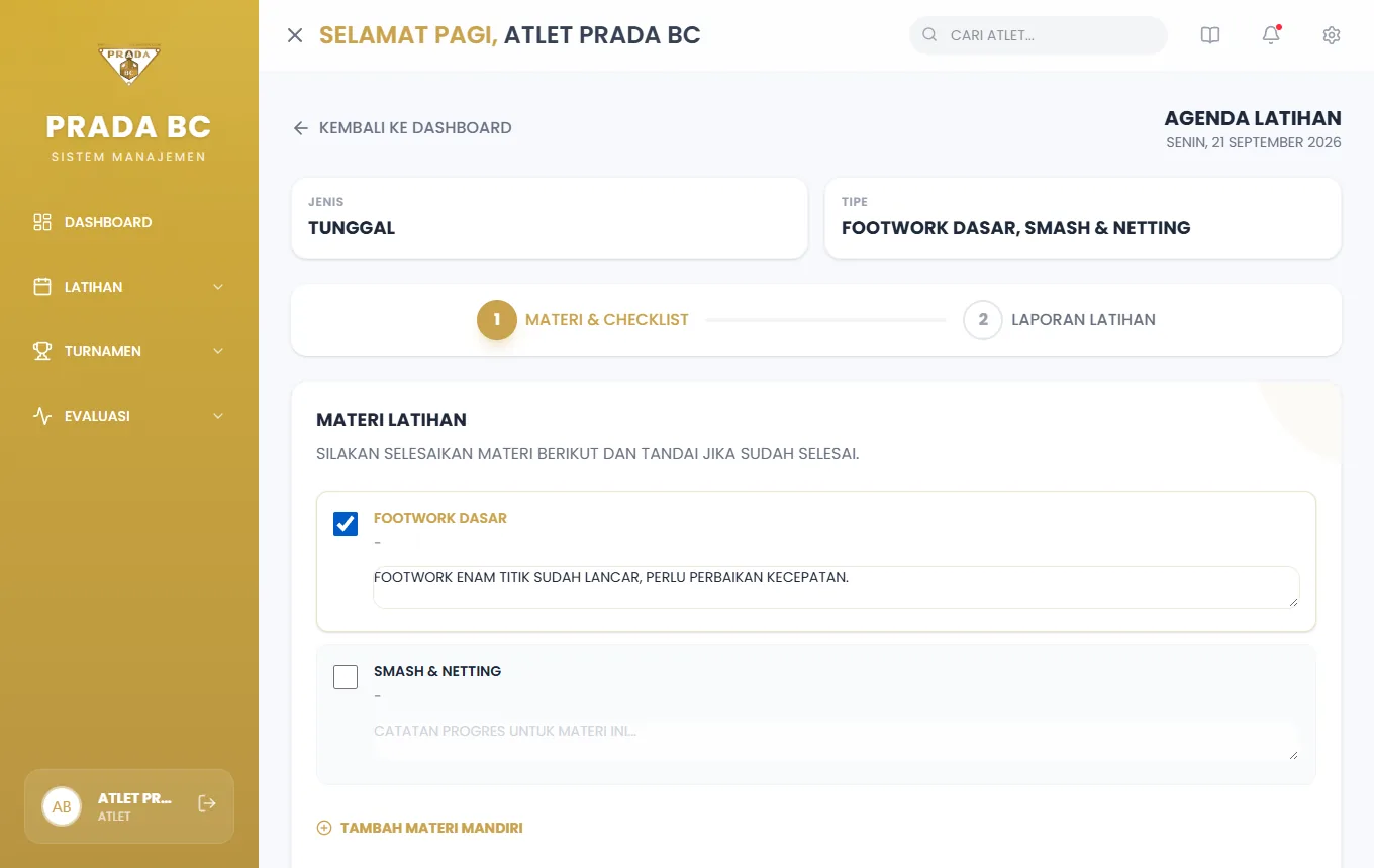 Materi dicentang setelah dipelajari; kolom catatan progres tersimpan otomatis.