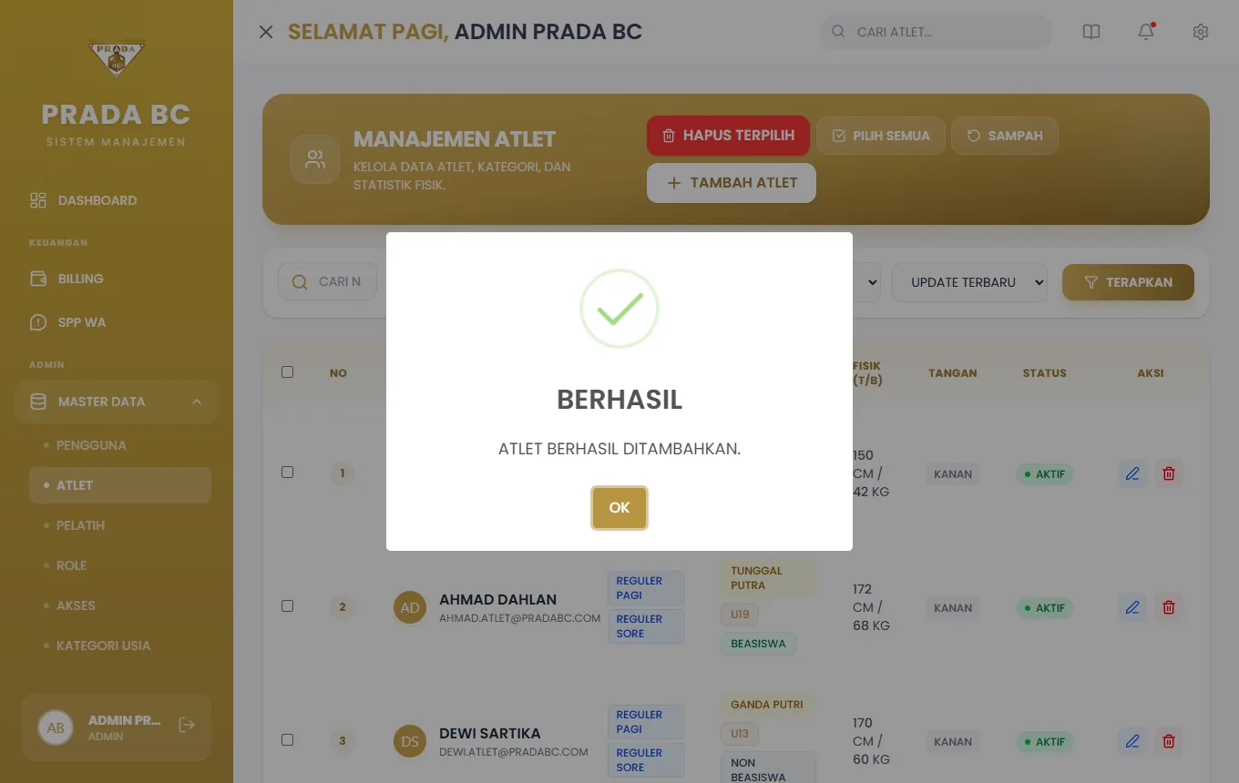 Pop-up "Atlet berhasil ditambahkan".