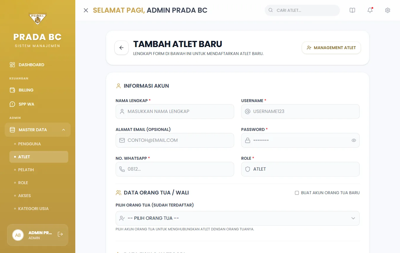 Formulir Tambah Atlet Baru terdiri dari beberapa bagian: Informasi Akun, Data Orang Tua/Wali, dan Data Fisik & Kategori.