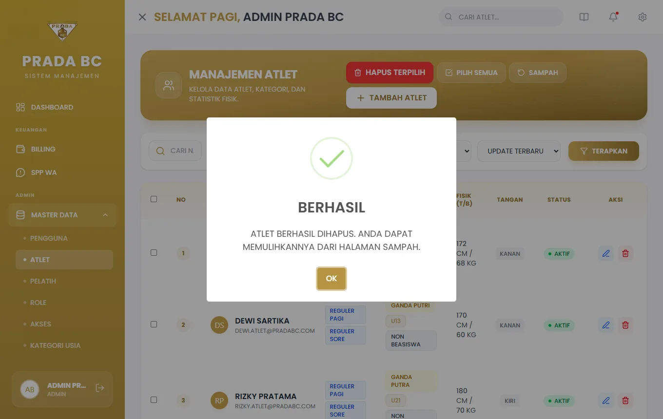 Atlet hilang dari daftar utama.