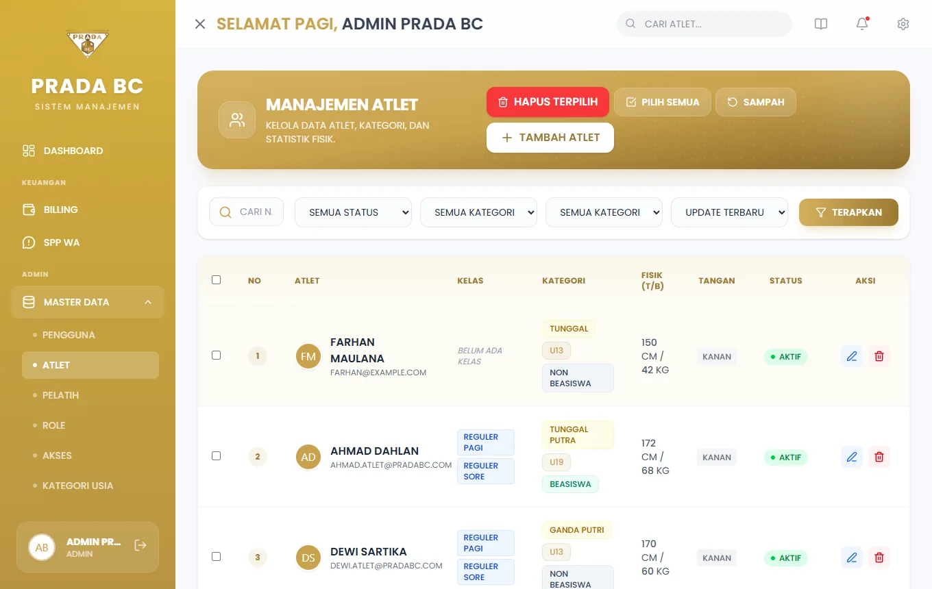 Atlet baru langsung muncul di daftar.