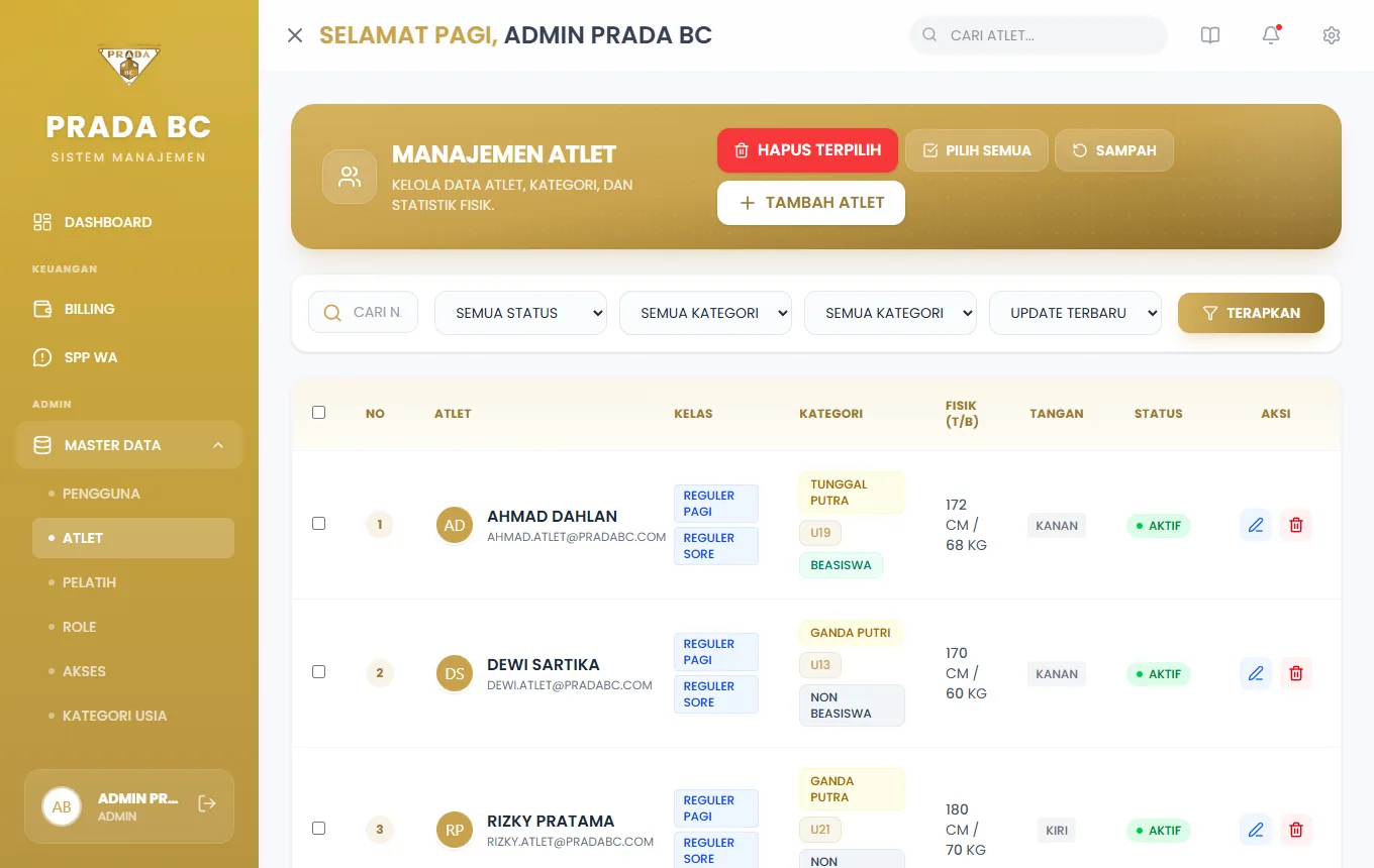 Daftar atlet dengan filter status, kategori, kelas, dan pengurutan; tombol Tambah, Sampah, Pilih Semua, dan Hapus Terpilih.