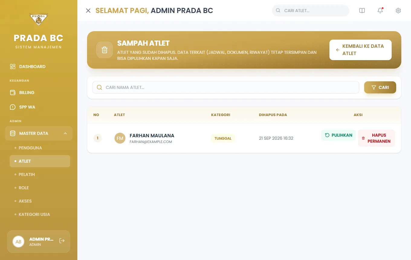 Halaman Sampah: atlet yang dihapus beserta tombol **Pulihkan** dan **Hapus Permanen**.