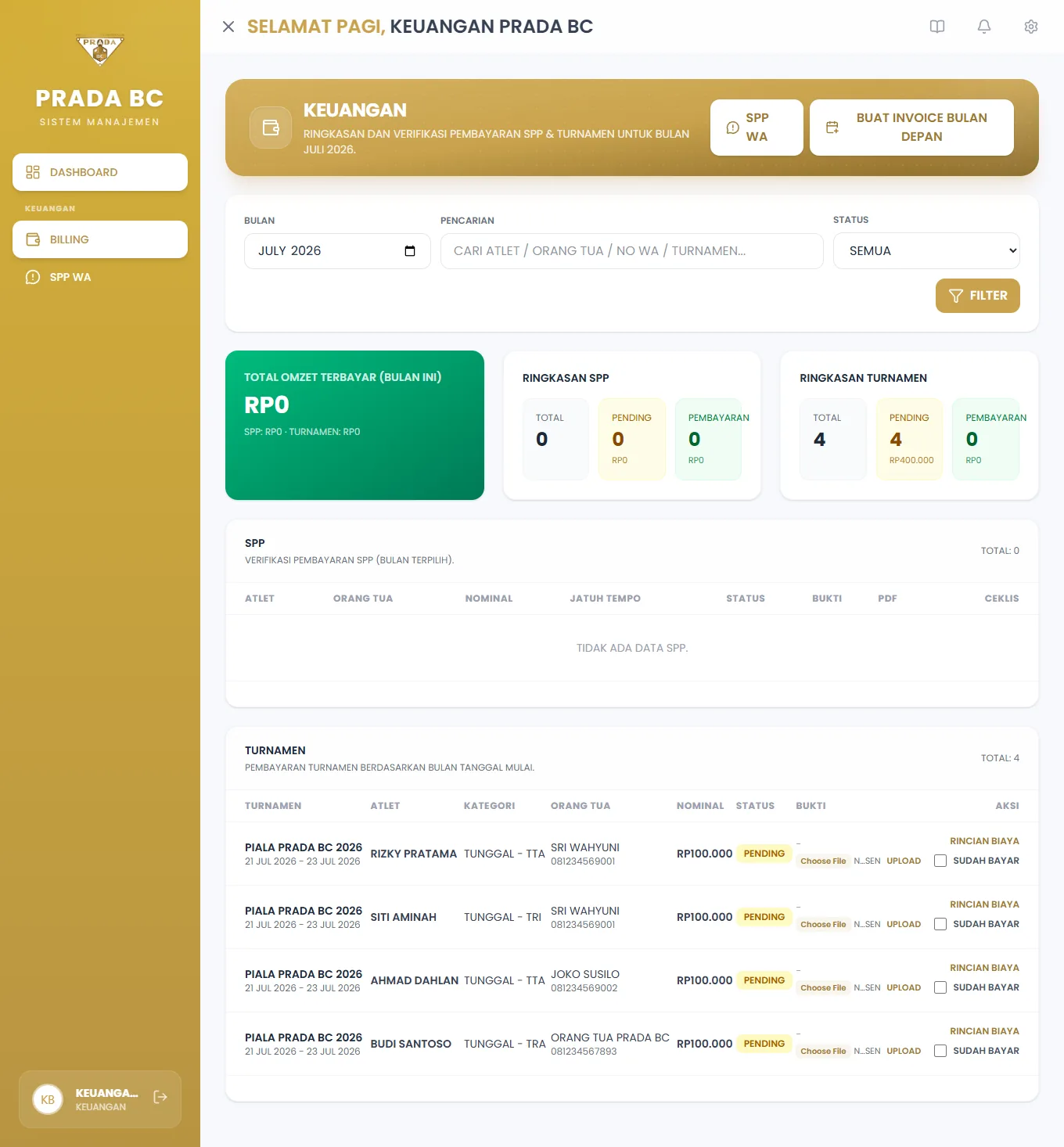 Tabel Turnamen pada dashboard billing (filter bulan Juli 2026): turnamen, atlet, kelas, orang tua, nominal, status, bukti, dan tautan Rincian Biaya.