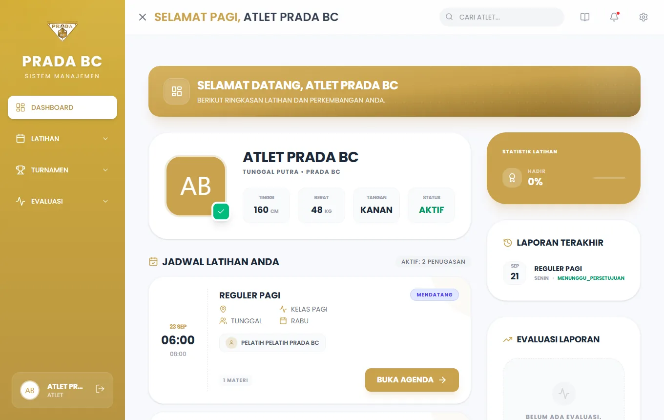 Dashboard menampilkan laporan terakhir dengan status menunggu persetujuan.