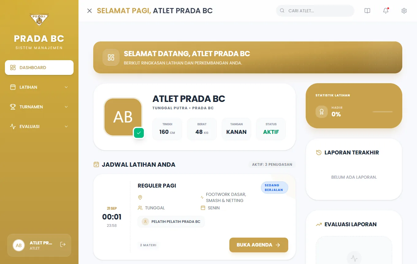 Dashboard Atlet: profil singkat, jadwal latihan aktif, laporan terakhir, dan hasil evaluasi/beep test.