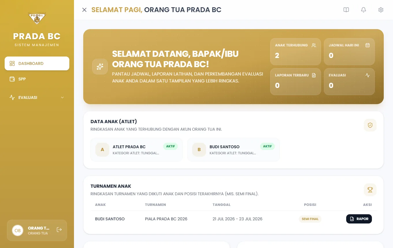 Dashboard Orang Tua: data anak, statistik kehadiran, daftar turnamen anak, dan tautan rapor.