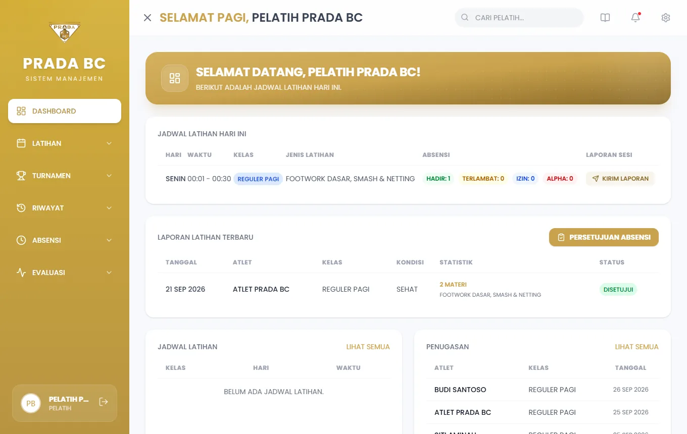 Dashboard Pelatih setelah laporan disetujui: tombol **Kirim Laporan** muncul pada jadwal yang sudah selesai.