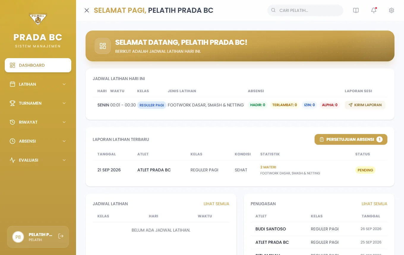 Dashboard Pelatih: jadwal latihan hari ini, ringkasan absensi, status laporan sesi, dan laporan atlet yang menunggu persetujuan.