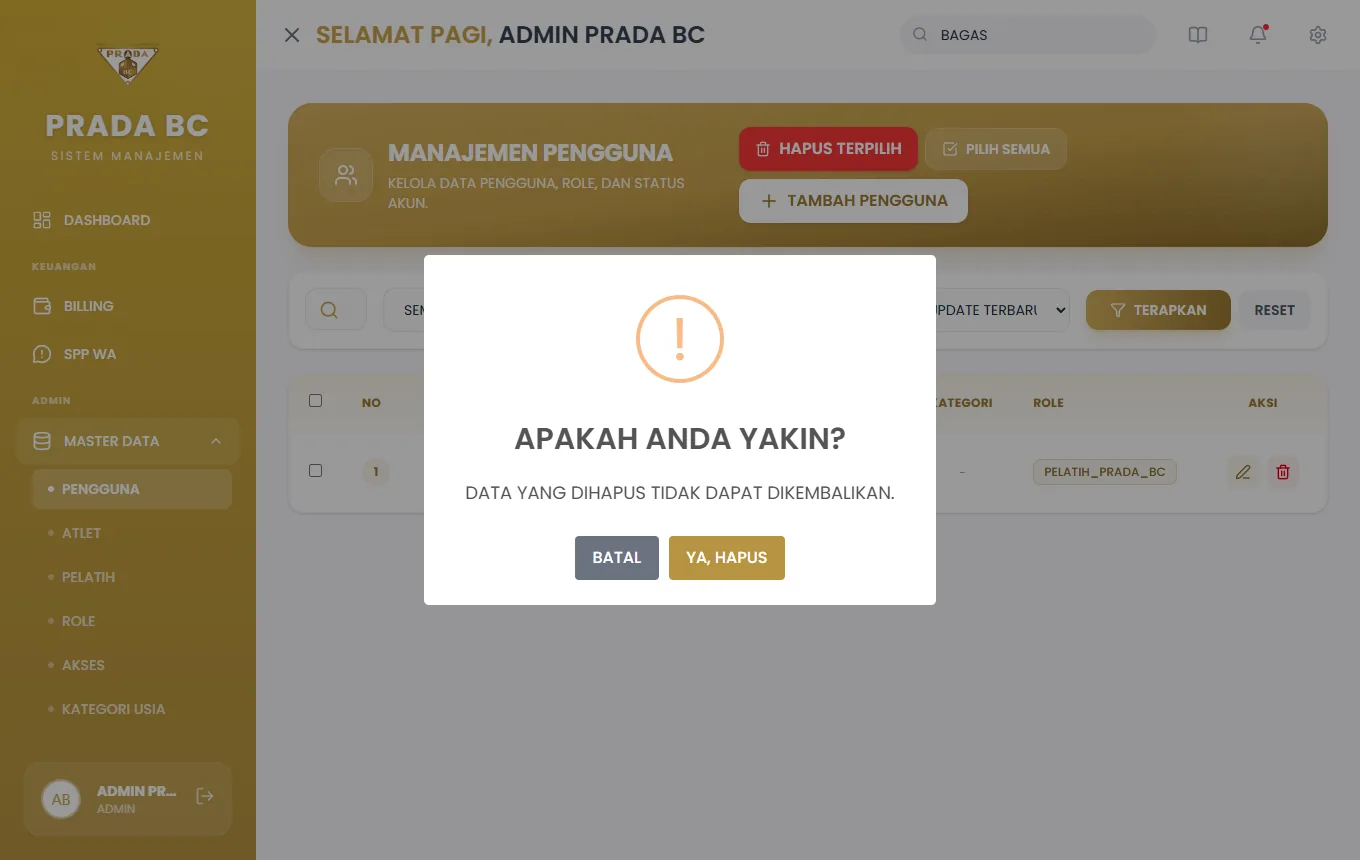 Klik ikon tempat sampah lalu konfirmasi "Apakah Anda yakin?".