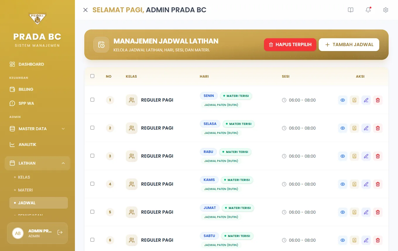 Daftar jadwal: kelas, hari, label materi, dan jam sesi. Tombol mata melihat materi, ikon kertas mengisi materi.