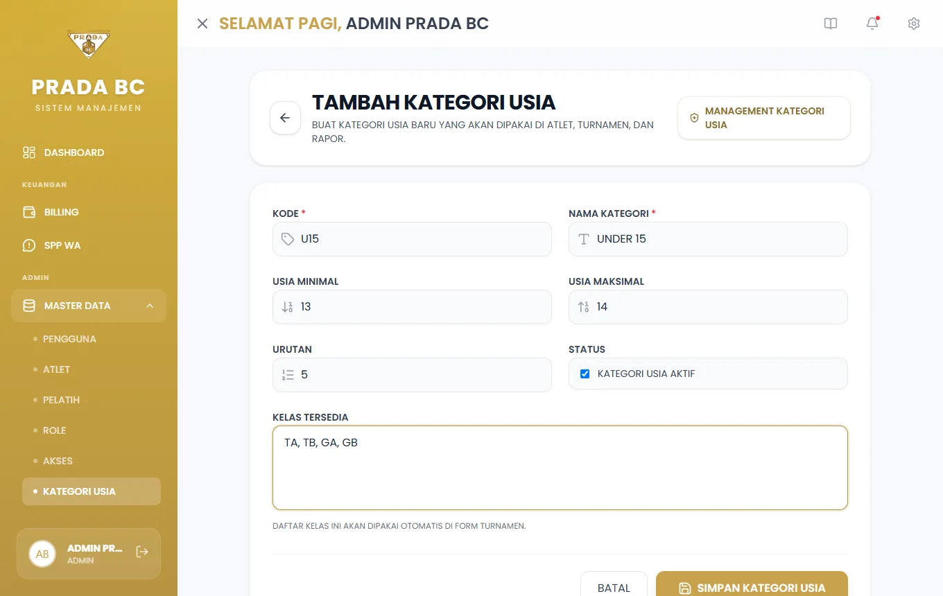 Contoh pengisian kategori U15.