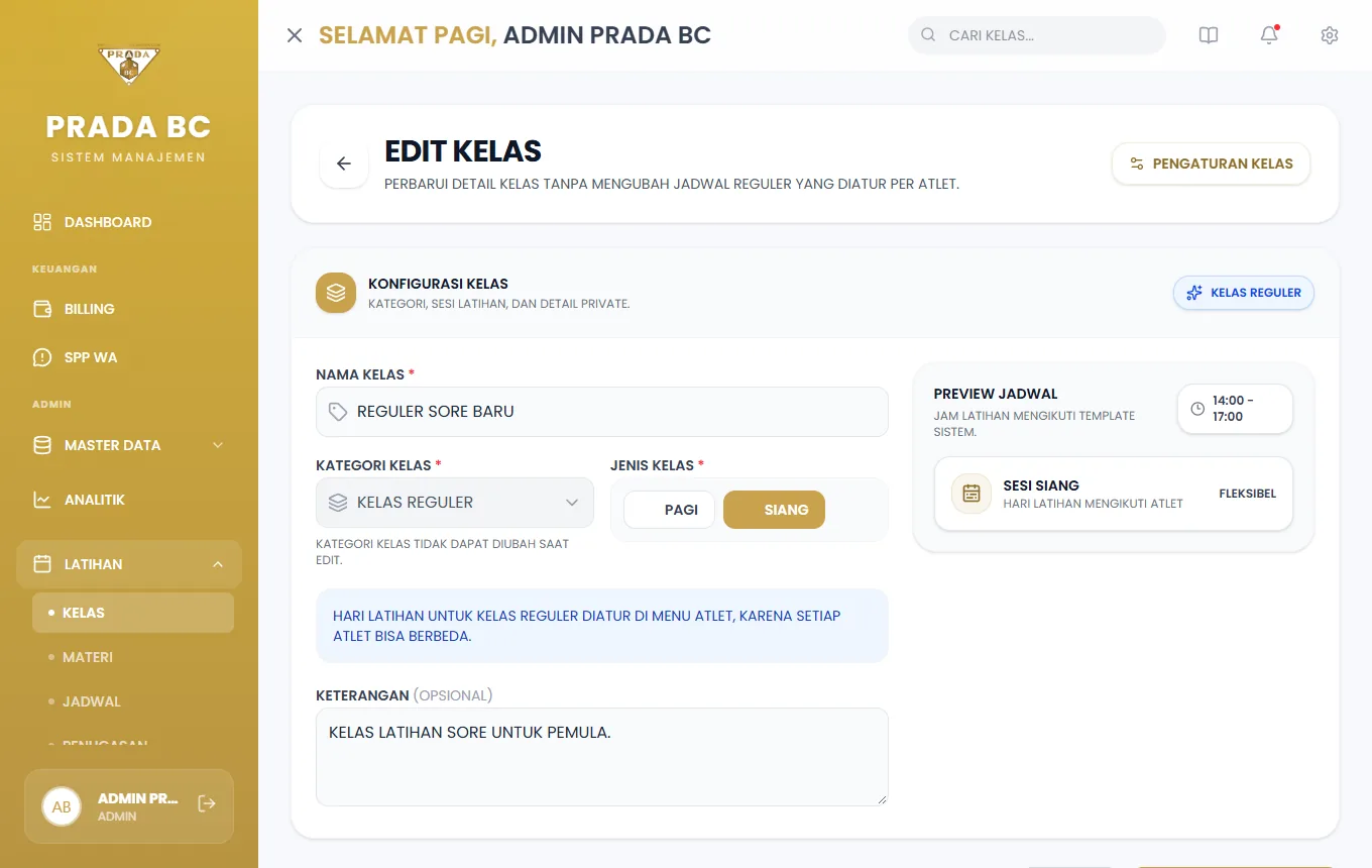 Formulir Edit Kelas.