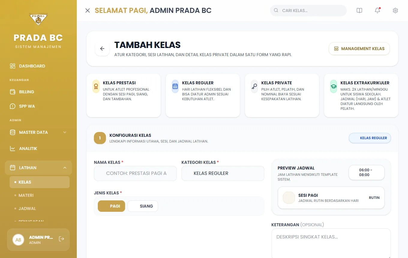 Formulir Tambah Kelas. Beberapa kelas dapat ditambahkan sekaligus lewat tombol **Tambah Kelas Lain**.