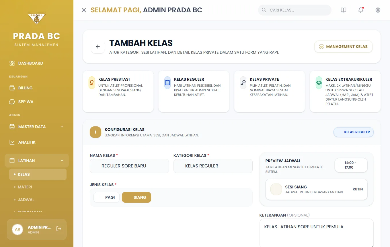 Contoh kelas Reguler jenis Siang.