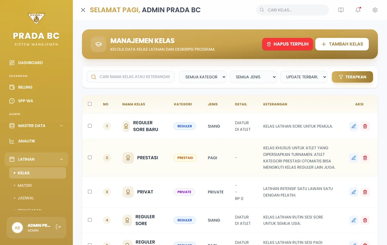 Kelas baru tampil di daftar.