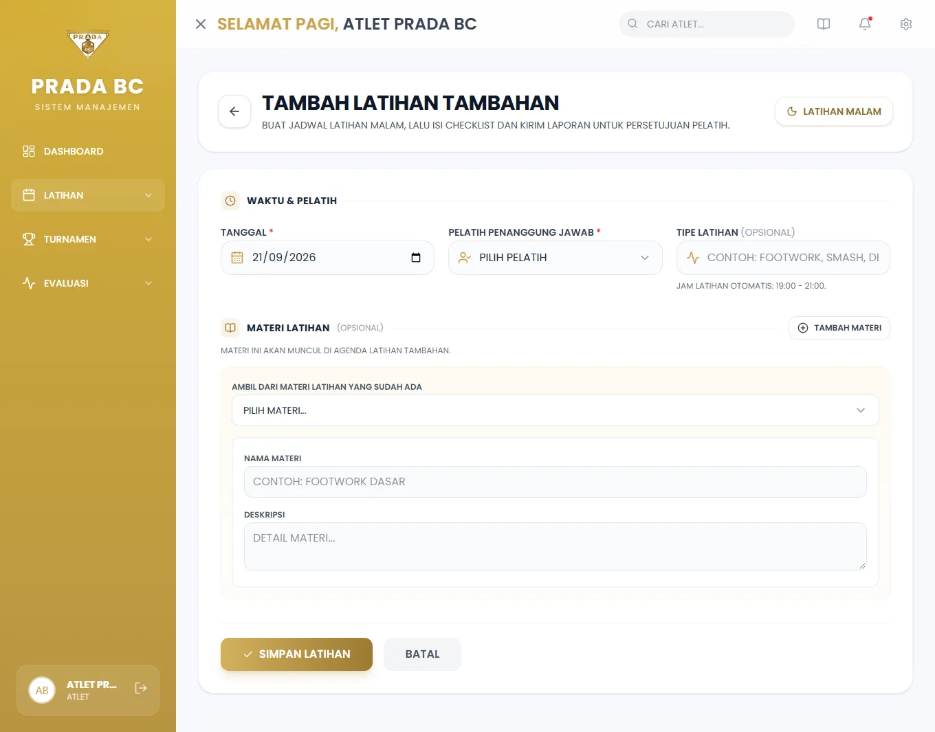 Formulir Tambah Latihan Tambahan milik atlet: pilih tanggal, pelatih penanggung jawab, dan materi.