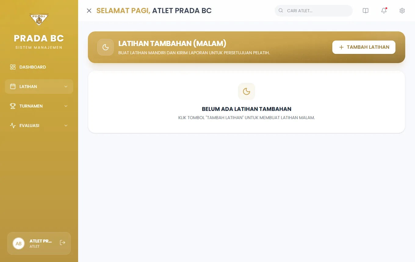 Tampilan atlet: sesi latihan tambahan yang diajukan.