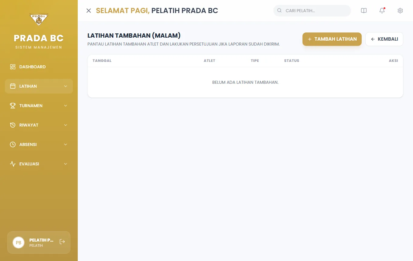 Daftar sesi latihan tambahan (malam) milik pelatih.