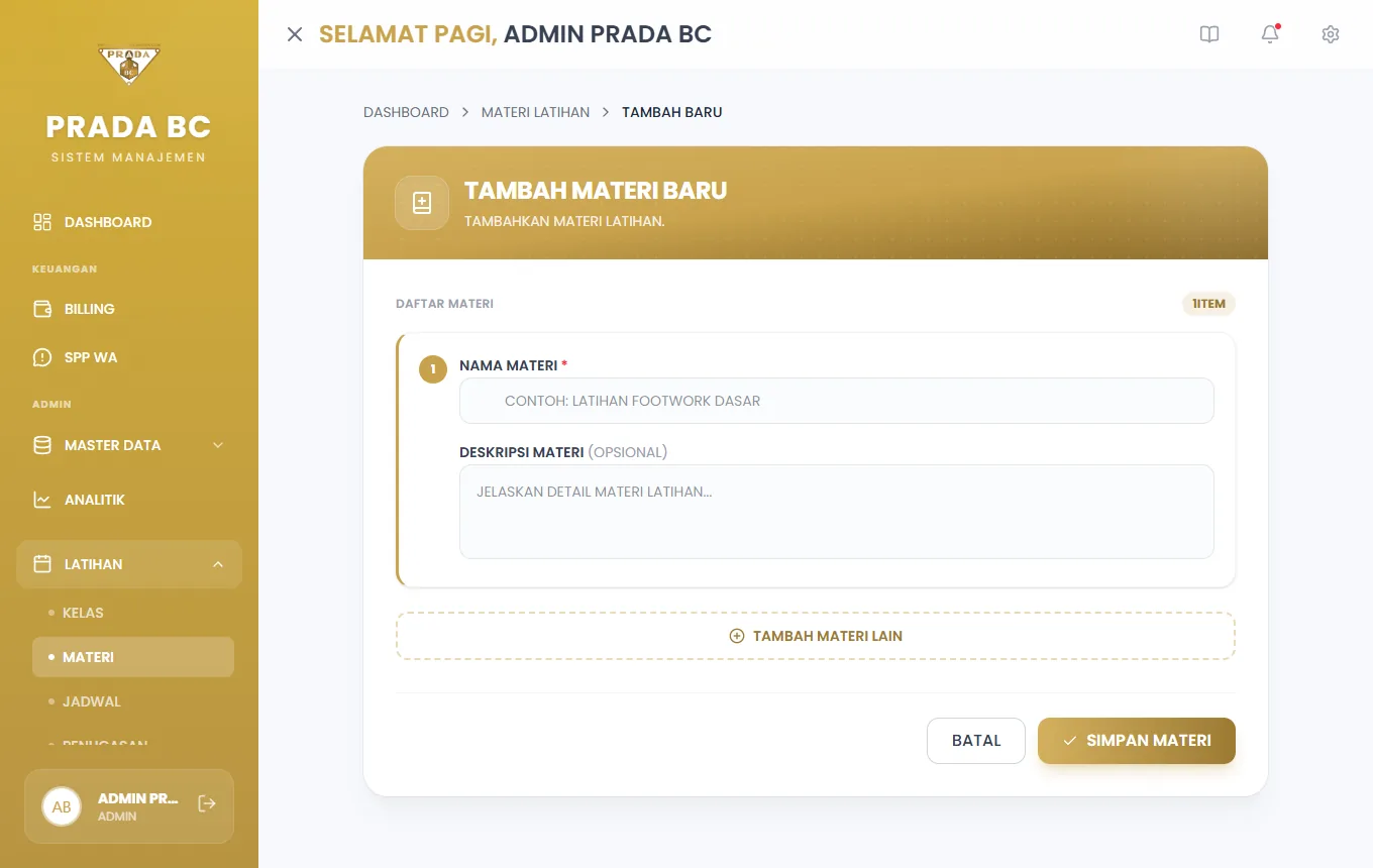 Formulir Tambah Materi. Klik **Tambah Materi Lain** untuk mengisi beberapa materi sekaligus.