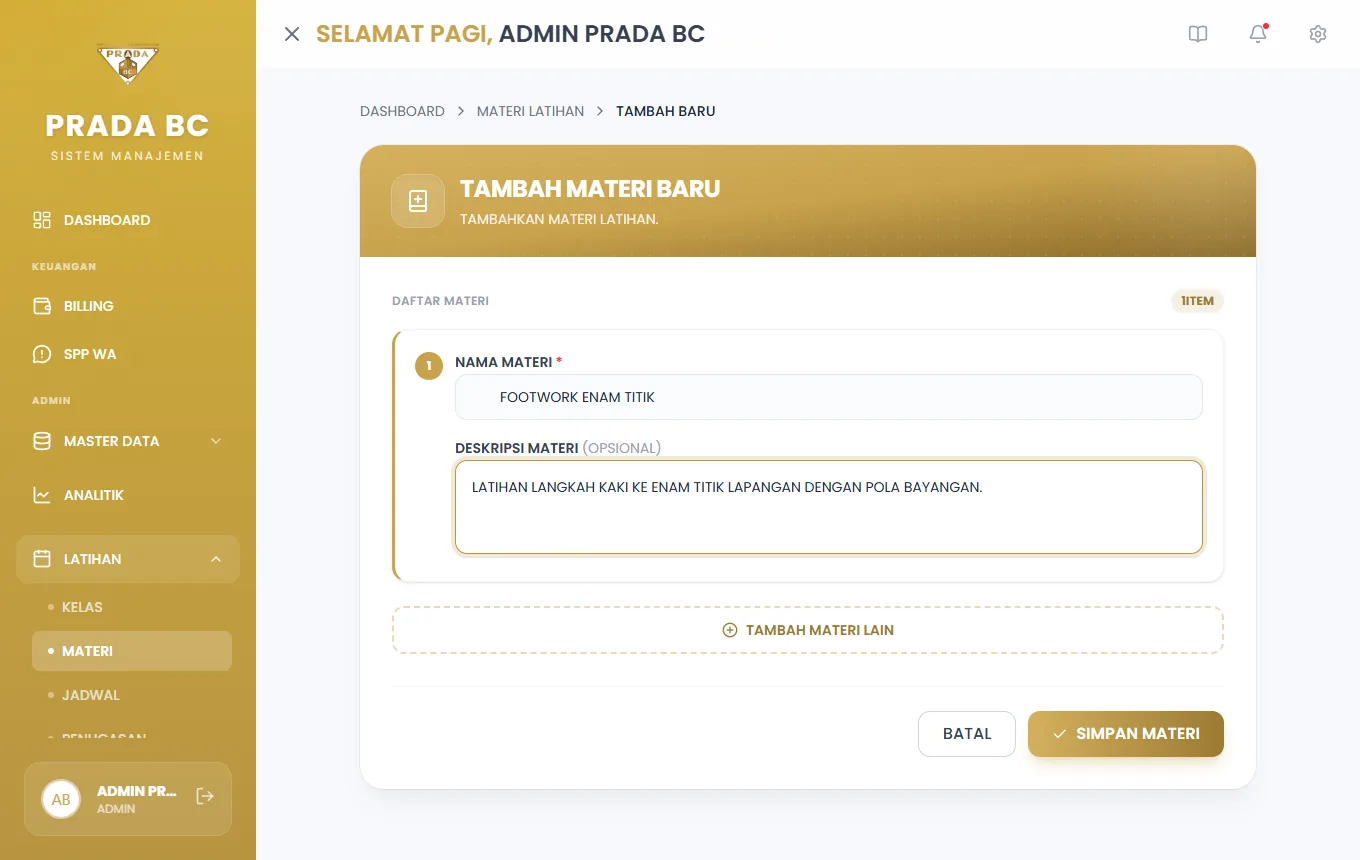 Contoh pengisian satu materi.