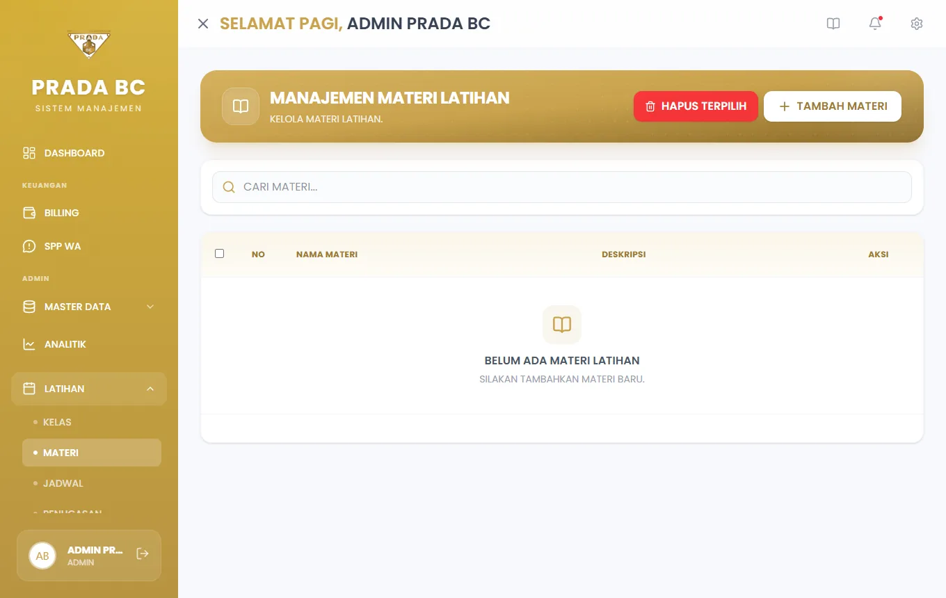Daftar materi latihan; kosong sebelum ada materi.