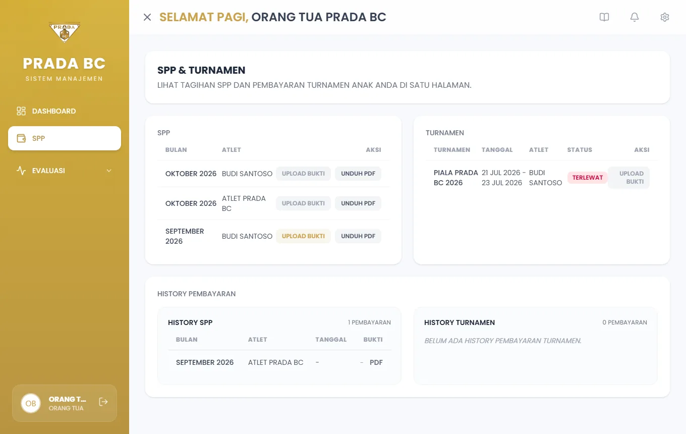 Halaman SPP & Turnamen: daftar SPP bulanan (Upload Bukti / Unduh PDF), tagihan turnamen anak, dan history pembayaran.