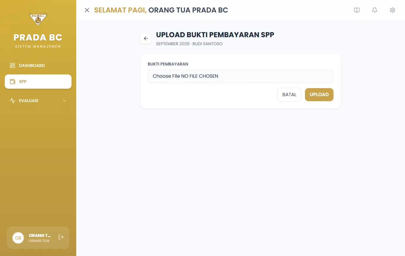 Halaman Upload Bukti Pembayaran SPP.
