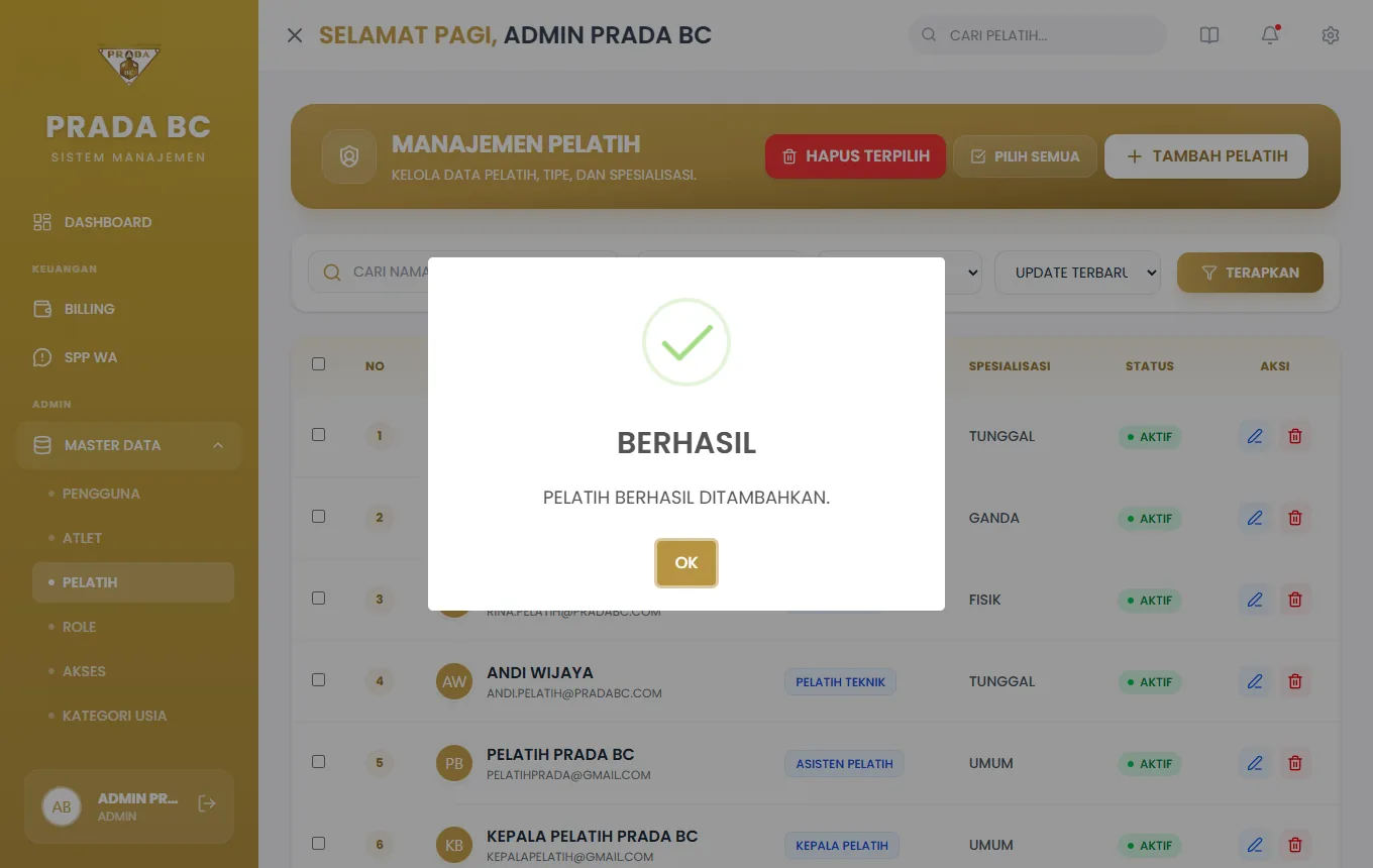 Pop-up konfirmasi setelah pelatih tersimpan.