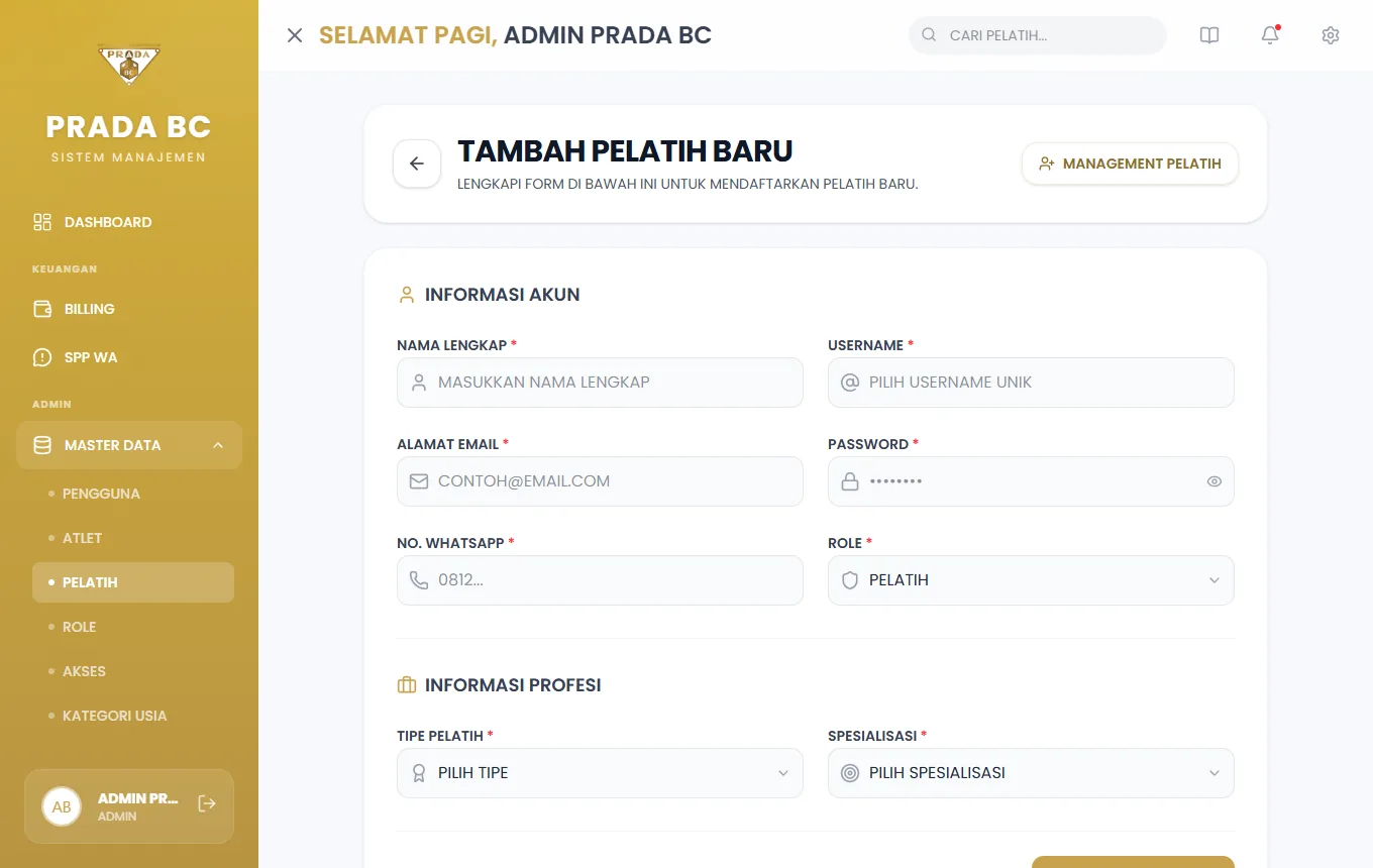 Formulir Tambah Pelatih Baru: Informasi Akun dan Informasi Profesi.