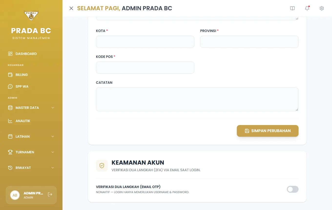 Kartu Verifikasi Dua Langkah (Email OTP) di bagian bawah halaman profil. Geser saklar untuk mengaktifkan atau menonaktifkan.
