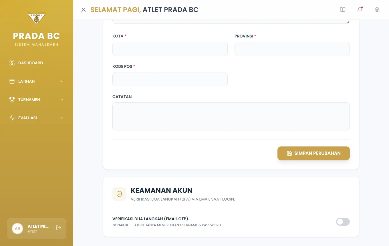 Bagian Dokumen Atlet pada halaman profil: beri nama dokumen lalu pilih berkas.