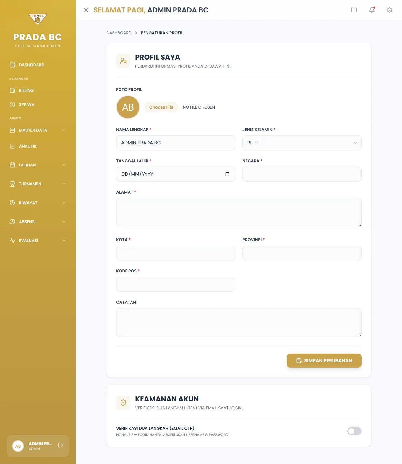 Tampilan halaman Pengaturan lengkap dari atas ke bawah: profil, lalu kartu Verifikasi Dua Langkah.