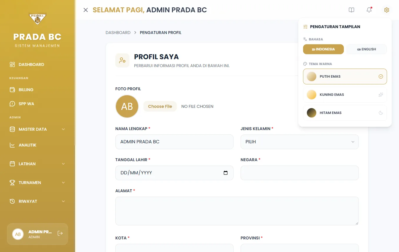 Dropdown ikon gerigi: pilihan bahasa (Indonesia/English) dan tema warna (Putih Emas, Kuning Emas, Hitam Emas).