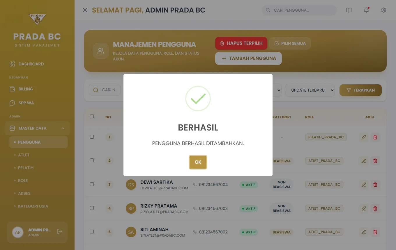 Pop-up konfirmasi setelah akun berhasil dibuat.
