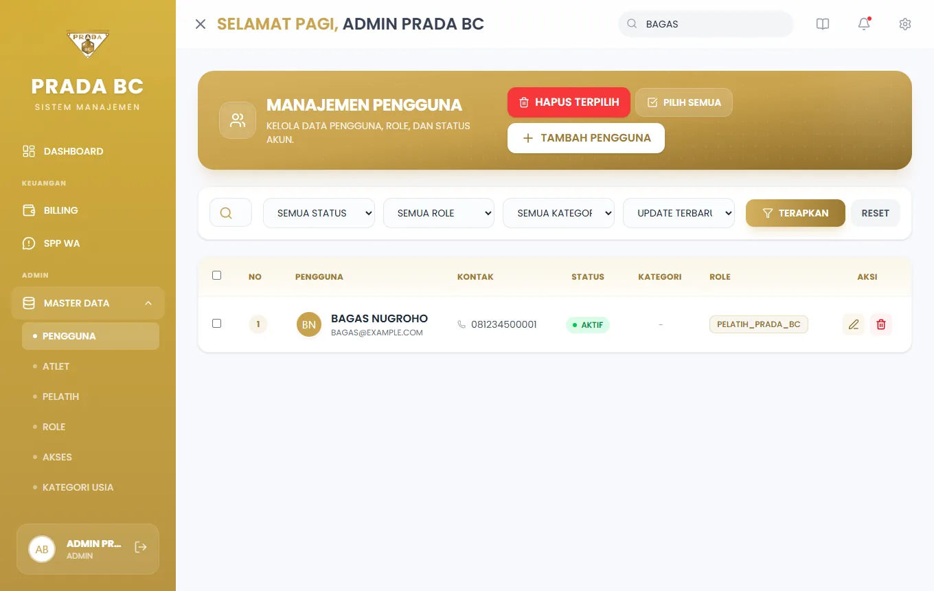 Mengetik kata kunci di kolom cari mempersempit daftar (nama, username, atau email).