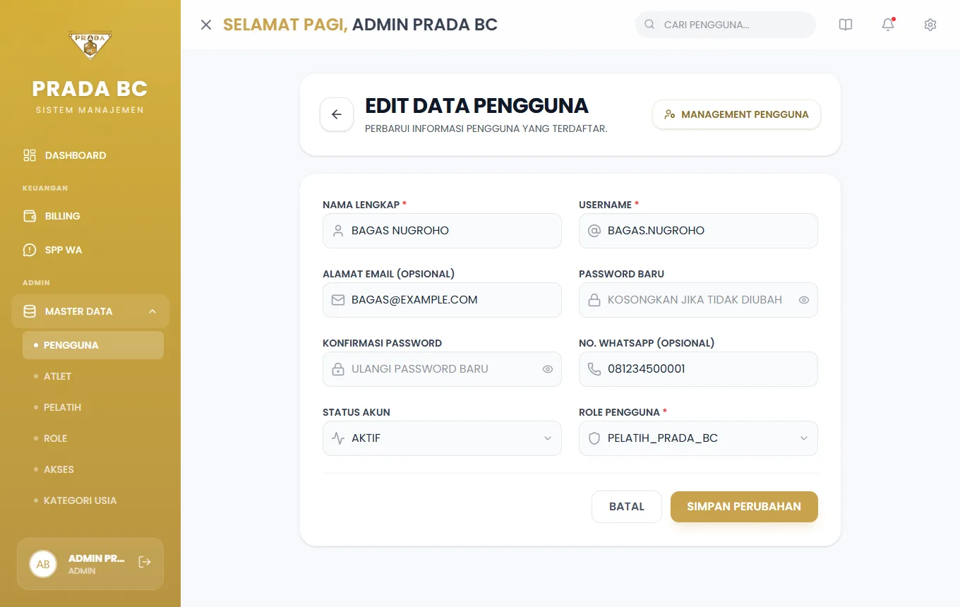 Formulir Edit Pengguna — aturan isian sama dengan formulir tambah.