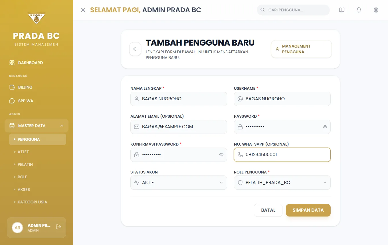 Contoh pengisian akun Pelatih.