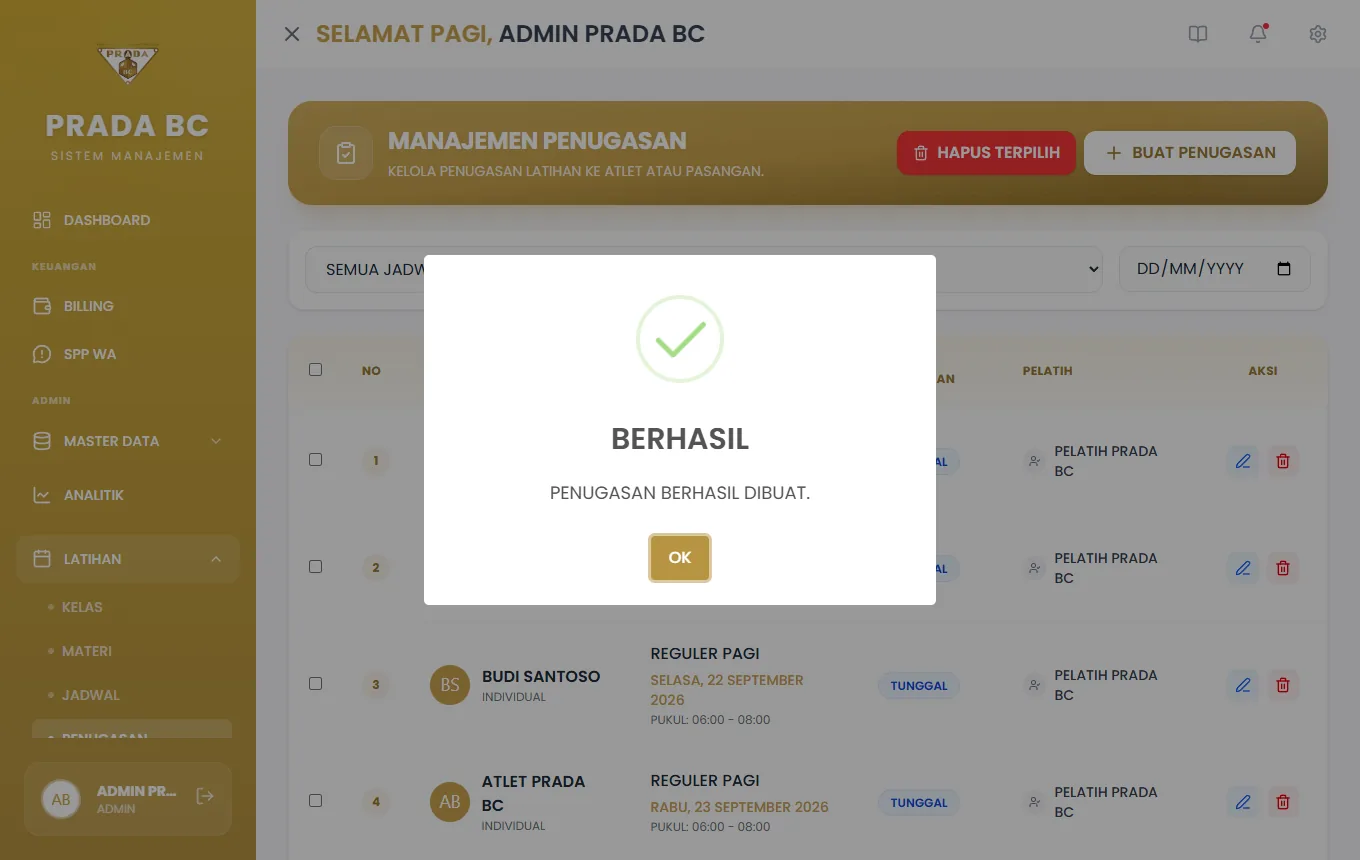 Pop-up konfirmasi setelah penugasan tersimpan.