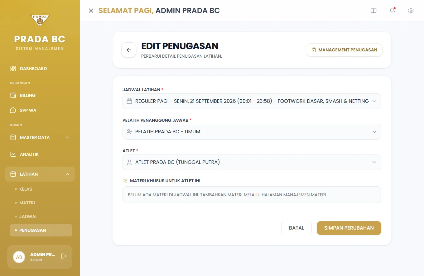 Formulir Edit Penugasan: ubah jadwal, pelatih, dan materi yang dipasang.