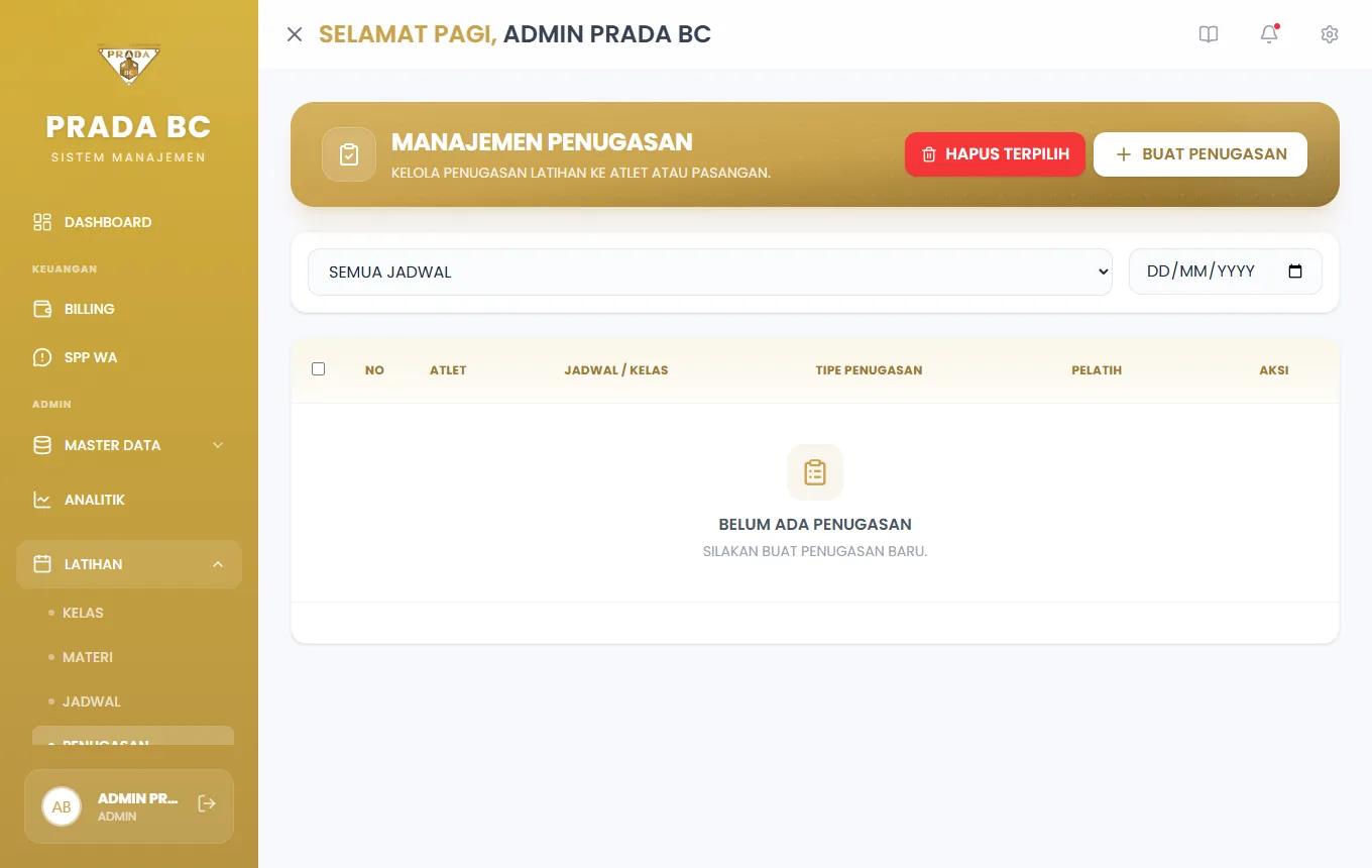 Daftar penugasan: atlet, kelas, tanggal, dan pelatih.