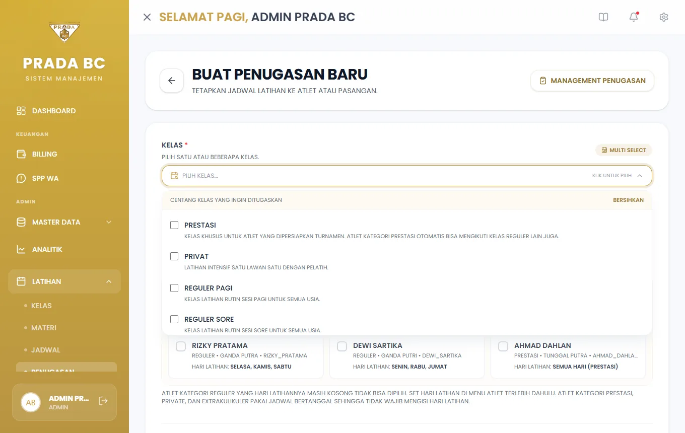 Dropdown kelas: centang satu atau lebih kelas; tombol Bersihkan mengosongkan pilihan.