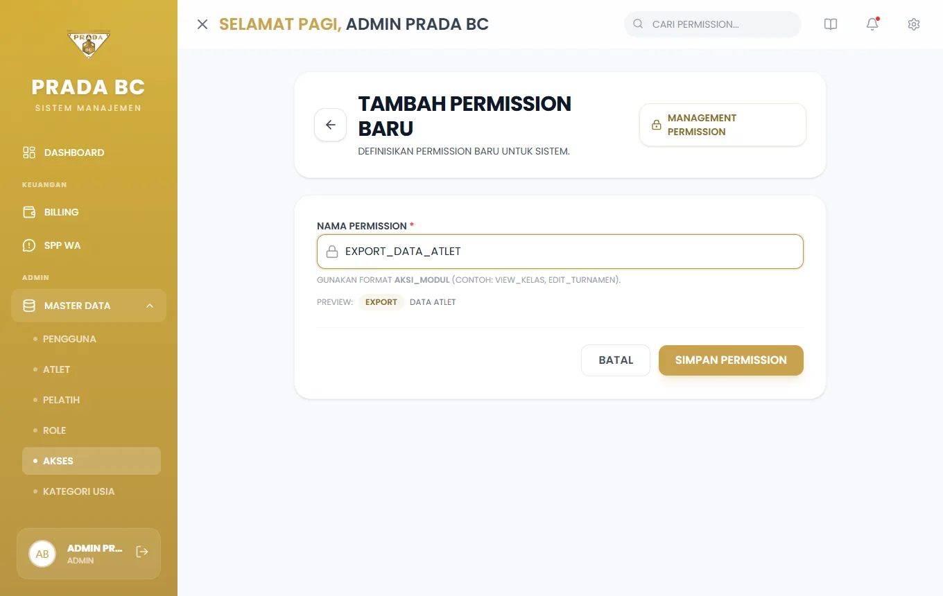 Formulir Tambah Permission: satu kolom nama permission yang harus unik.