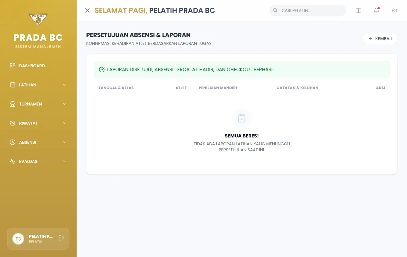 Setelah pop-up ditutup, halaman menampilkan pesan hijau dan laporan hilang dari antrean.