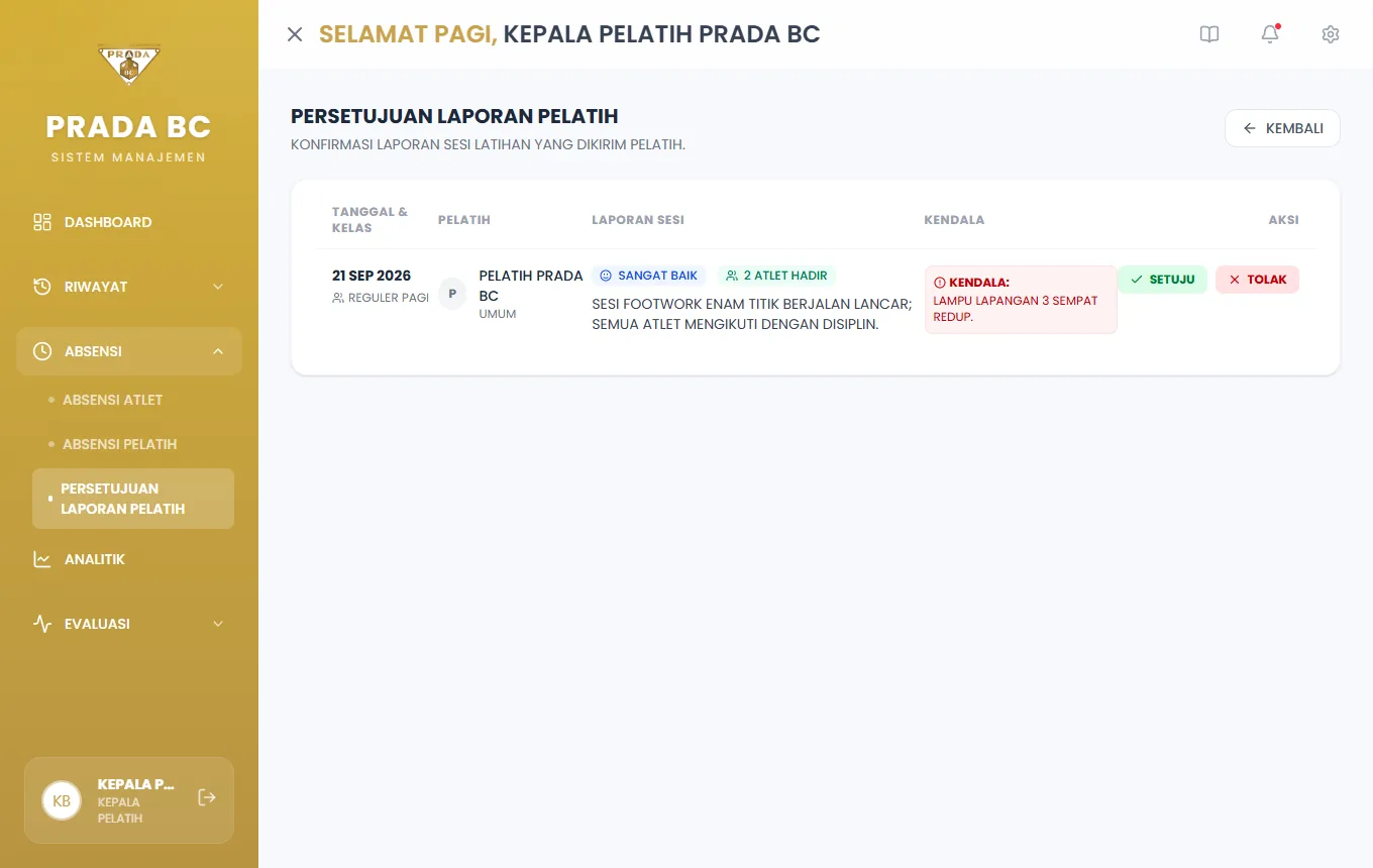 Persetujuan Laporan Pelatih: catatan sesi, jumlah atlet, kendala, dan tingkat kepuasan, dengan tombol Setuju dan Tolak.