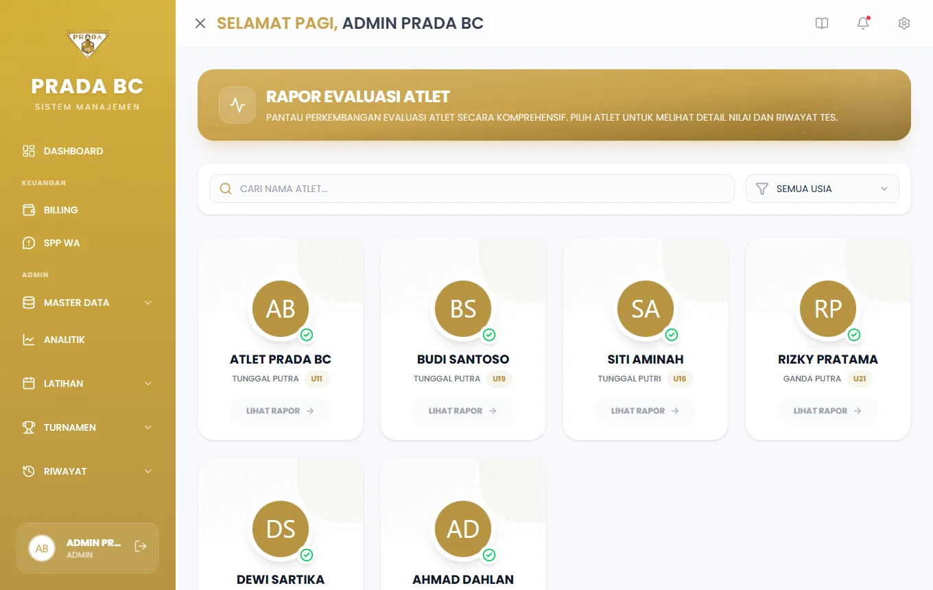 Rapor Evaluasi Atlet: kartu tiap atlet; cari nama atau saring kategori usia, lalu klik **Lihat Rapor**.