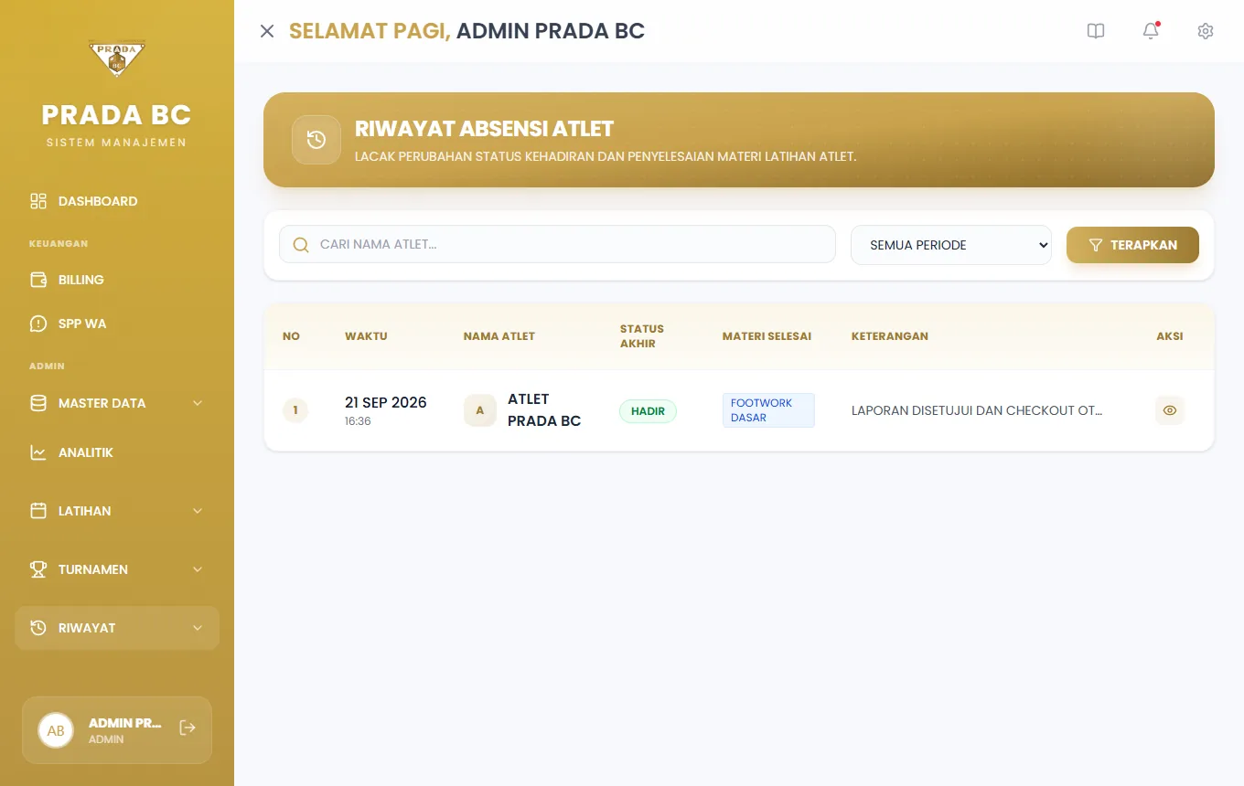 Log perubahan status kehadiran atlet: waktu, atlet, status akhir, materi selesai, dan keterangan.
