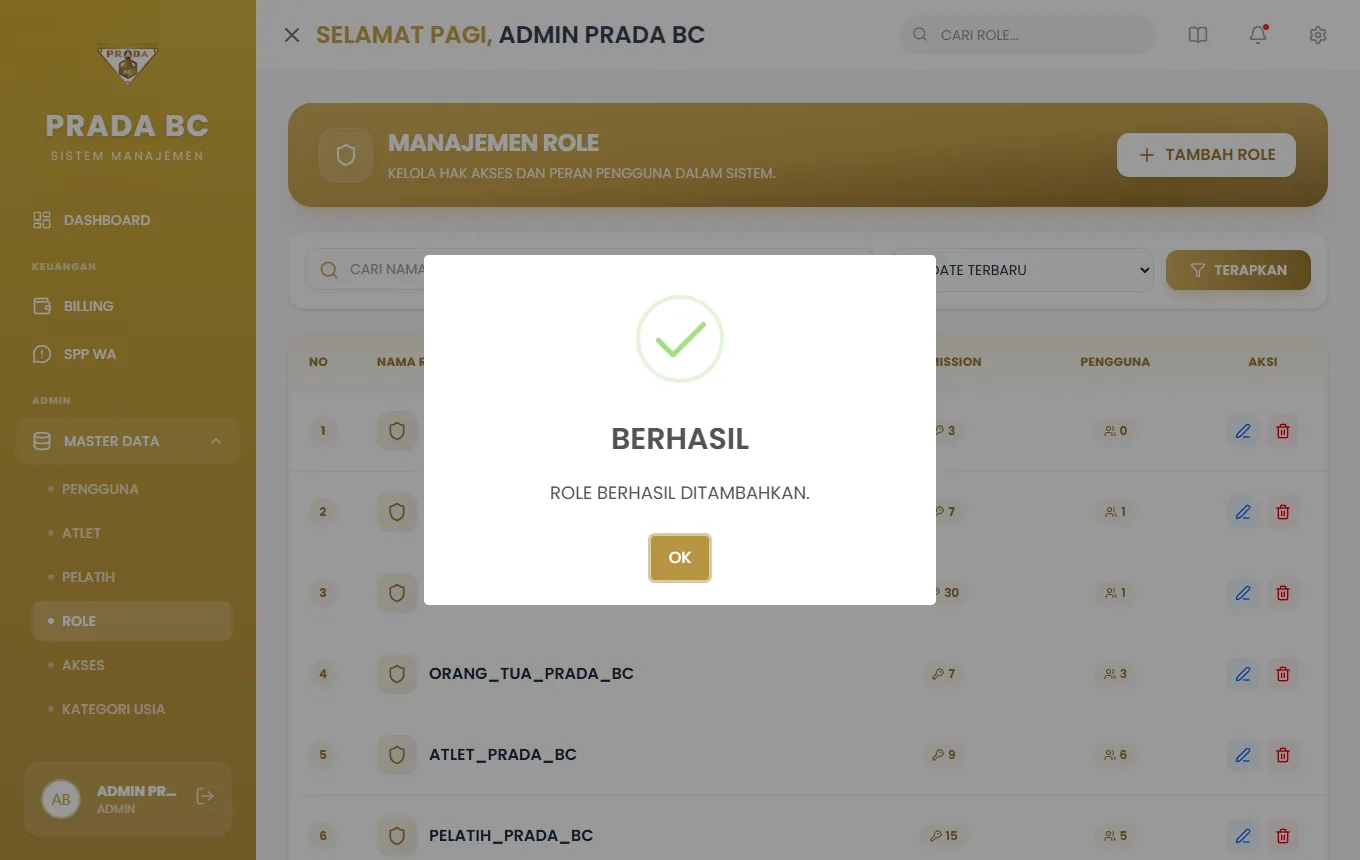 Pop-up konfirmasi setelah role tersimpan.