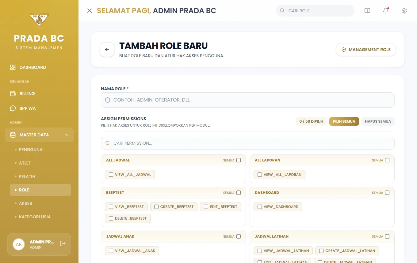 Formulir Tambah Role dengan daftar seluruh permission.